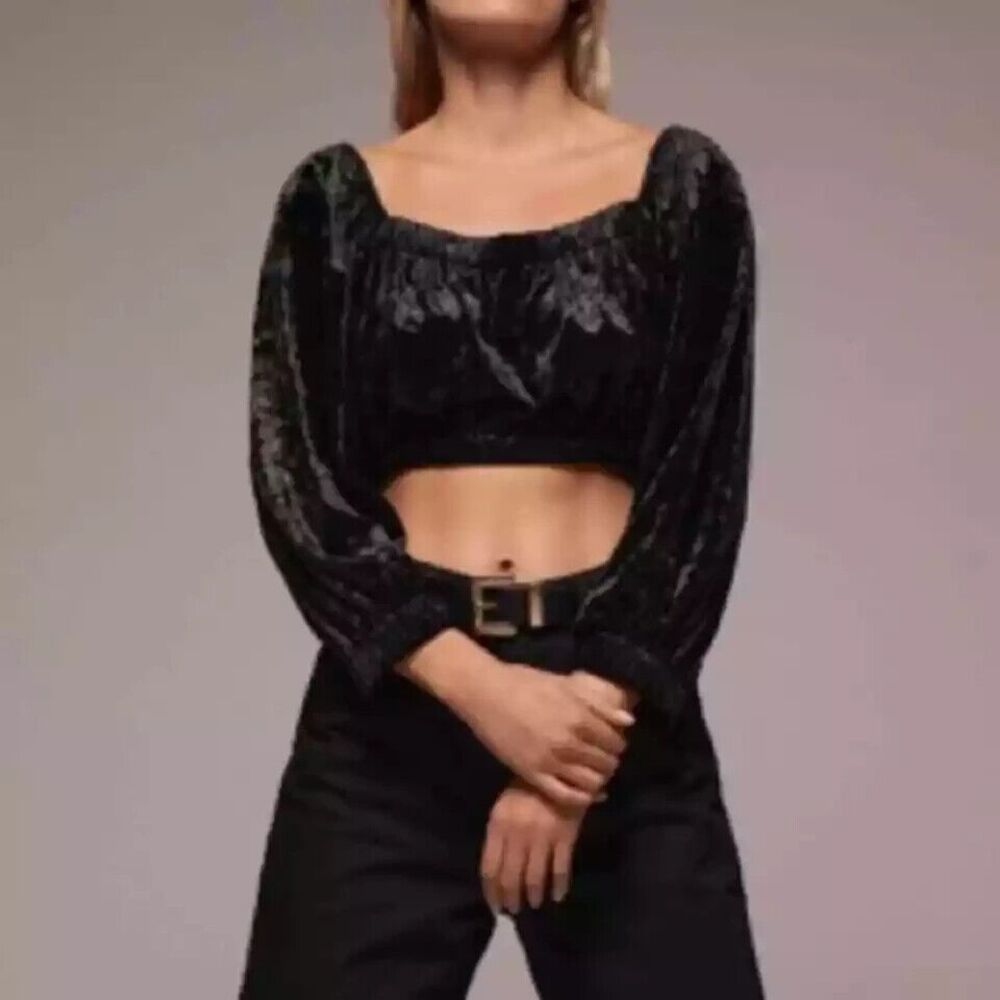 ZARA Crushed Velvet Cropped Long Sleeve Top Black Sz S Boho Whimsigoth Milkmaid